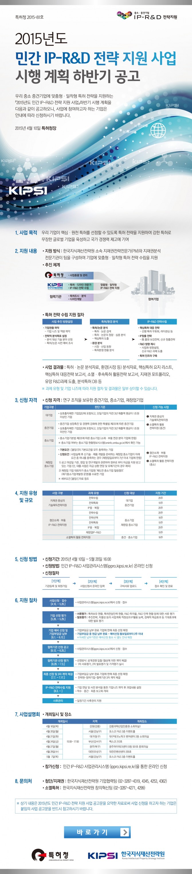 2015년도 민간 IP-R&D 전략 지원 사업 시행 계획 하반기 공고 - 상세내용은 첨부파일을 참고하시기 바랍니다.
