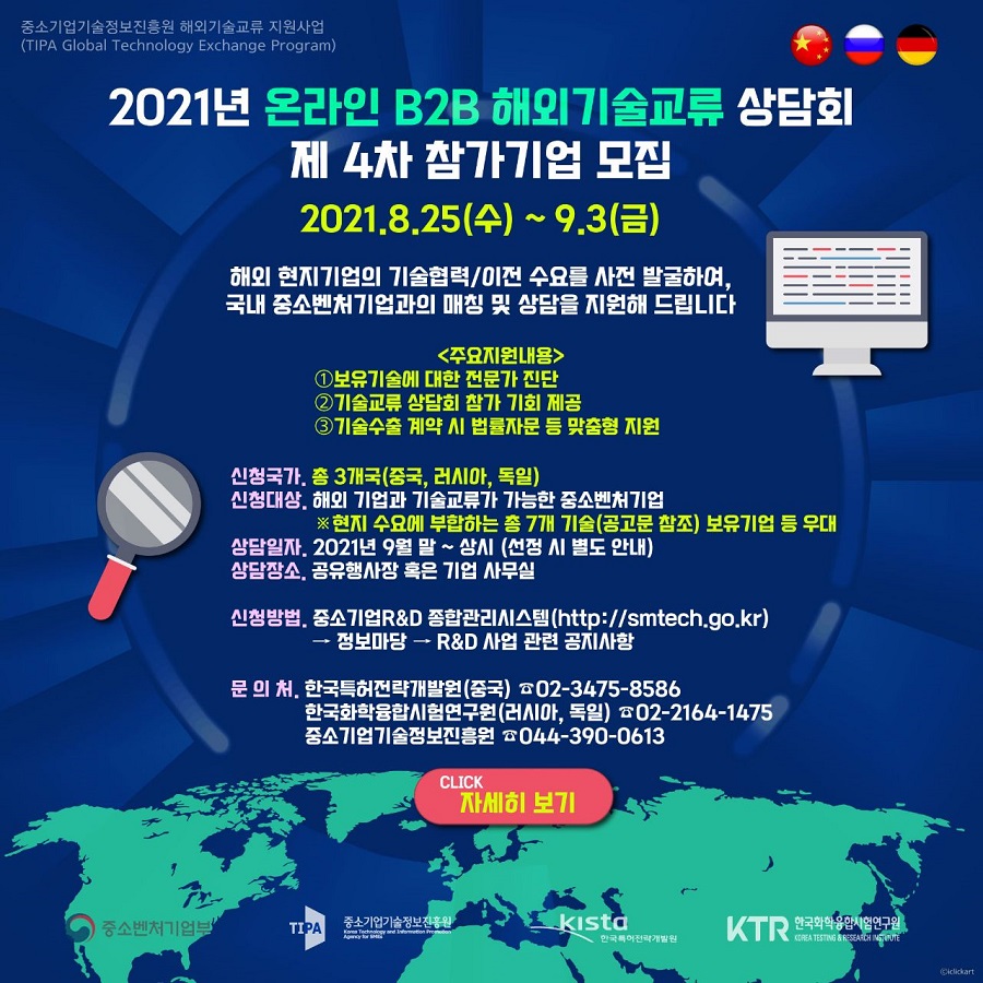 중소기업기술정보진흥원 해외기술교류 지원사업 (TIPA Global Technology Exchange Program)<br />
2021년 온라인 B2B 해외기술교류 상담회<br />
제 4차 참가기업 모집<br />
2021.8.25(수) ~ 9.3(금)<br />
해외 현지기업의 기술협력/이전 수요를 사전 발굴하여, 국내 중소벤처기업과의 매칭 및 상담을 지원해 드립니다.<br />
주요지원내용<br />
1. 보유기술에 대한 전문가 진단<br />
2. 기술교류 상담회 참가 기회 제공<br />
3. 기술수출 계약 시 법률자문 등 맞춤형 지원<br />
신청국가. 총 3개국(중국, 러시아, 독일)<br />
신청대상. 해외 기업과 기술교류가 가능한 중소벤처기업<br />
※ 현지 수요에 부합하는 총 7개 기술(공고문 참조) 보유기업 등 우대<br />
상담일자. 2021년 9월 말 ~ 상시 (선정 시 별도 안내)<br />
상담장소. 공유행사장 혹은 기업 사무실<br />
신청방법. 중소기업R&D 종합관리시스템(http://smtech.go.kr) → 정보마당 → R&D 사업 관련 공지사항<br />
문의처.  한국특허전략개발원(중국) 02-3475-8586<br />
한국화학융합시험연구원(러시아, 독일) 02-2164-1475<br />
중소기업기술정보진흥원 044-390-0613