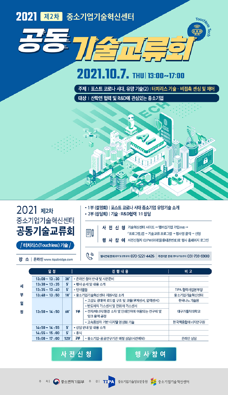 2021 제2차 중소기업기술혁신센터<br />
Touchless Tech<br />
공동 기술기교회<br />
2021.10.7. THU 13:00~17:00<br />
주제 - 포스트 코로나 시대, 유망 기술(2) : 터치리스 기술 - 비접촉 센싱 및 제어<br />
대상 - 산학연 협력 및 R&D에 관심있는 중소기업<br />
2021 제2차 중소기업기술혁신센터 공동기술교류회<br />
터치리스(Touchless) 기술<br />
장소 - 온라인 www.tipabridge.com<br />
1부 (설명회) 포스트 코로나 시대 중소기업 유망기술 소개<br />
2부 (상담회) 기술 · R&D협력 1:1 상담<br />
사전신청 - 기술혁신센터 사이트 → 멤버십기업 가입(무료) → 프로그램 탭 → 기술교류 프로그램 → 행사명 클릭 → 신청<br />
행사참여 - 사전신청자 ID/PW(이메일/휴대폰번호)로 행사 홈페이지 로그인<br />
행사안내 문의 (참여 및 진행) 070-5221-4426<br />
주관기관 문의 (멤버십 기업 문의) 031-739-6900<br />
세부일정<br />
일정 진행내용 비고<br />
13:00 ~ 13:30 온라인 참여 안내 및 사전 준비<br />
13:30 - 13:35 행사 순서 및 내용 소개<br />
13:35 ~ 13:40 인사말씀 TIPA 협력사업본부장<br />
13:40 ~ 13:50 중소기업기술혁신센터 지원사업 소개 중소기업기술혁신센터<br />
13:50 - 14:50 1부 - 감도 광대역 로드셀 구조 및 모듈(무게센서, 압력센서), 반도체식 가스센서 및 전위차 가스센서, 전자/에너지/환경 소자 및 인쇄전자에 이용되는 전구체 및 잉크 용액 공정, 고속중성자 기반 디지털 형상화 기술 - 대구가톨릭대학교<br />
14:50 - 14:55 상담 안내 및 내용 소개<br />
14:55 ~ 15:00 휴식<br />
15:00 ~ 17:00 2부 - 중소기업 공공연구기관 매칭 상담 (사전예약) - 온라인 예약