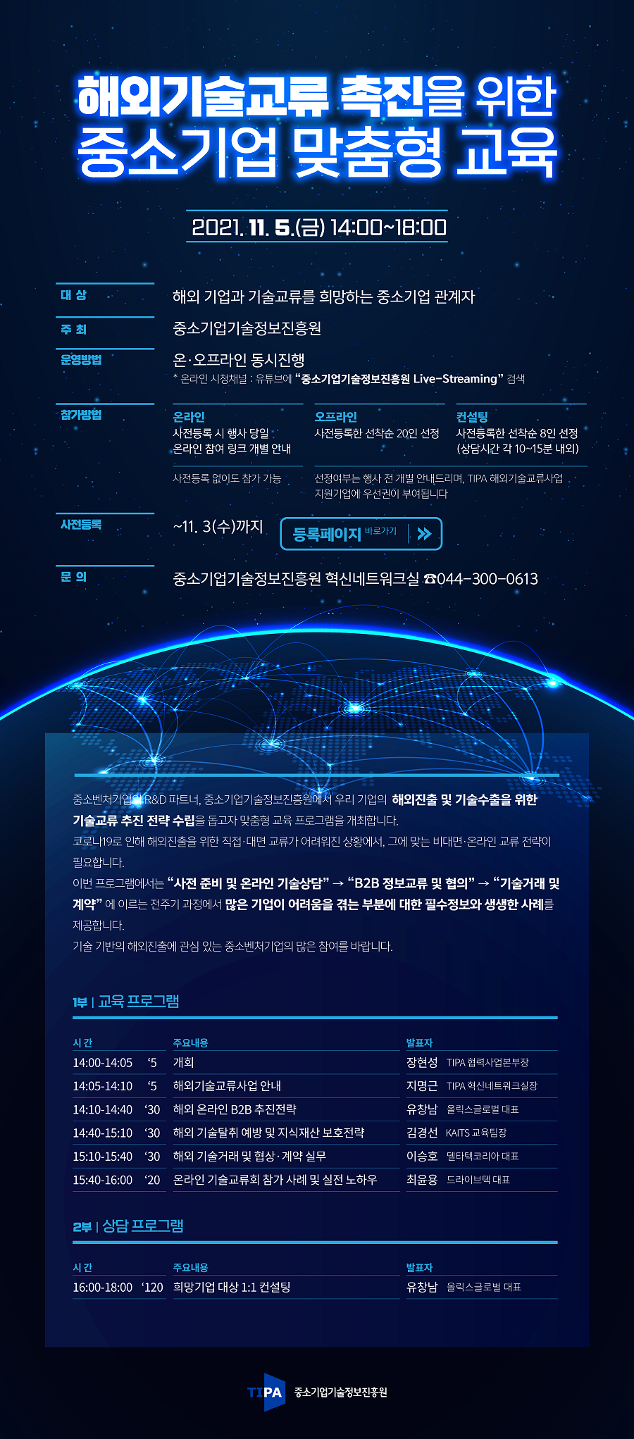 해외기술교류 촉진을 위한 중소기업 맞춤형 교육<br />
2021.11. 5.(금) 14:00~18:00<br />
대상 - 해외 기업과 기술교류를 희망하는 중소기업 관계자 <br />
주최 - 중소기업기술정보진흥원<br />
운영방법 - 온·오프라인 동시진행<br />
* 온라인 시청채널 : 유튜브에 “중소기업기술정보진흥원 Live-Streaming” 검색<br />
참가방법<br />
온라인: 사전등록 시 행사 당일 온라인 참여 링크 개별 안내(사전등록 없이도 참가 가능)<br />
오프라인: 사전등록한 선착순 20인 선정<br />
컨설팅: 사전등록한 선착순 8인 선정 (상담시간 각 10~15분 내외)<br />
선정여부는 행사 전 개별 안내드리며, TIPA 해외기술교류사업 지원기업에 우선권이 부여됩니다.<br />
사전등록 - 11. 3(수)까지<br />
문의 - 중소기업기술정보진흥원 혁신네트워크실 044-300-0613<br />
중소벤처기업 R&D 파트너, 중소기업기술정보진흥원에서 우리 기업의 해외진출 및 기술수출을 위한 기술교류 추진 전략 수립을 돕고자 맞춤형 교육 프로그램을 개최합니다. 코로나 19로 인해 해외진출을 위한 직접 대면 교류가 어려워진 상황에서, 그에 맞는 비대면 온라인 교류 전략이 필요합니다. 이번 프로그램에서는 “사전 준비 및 온라인 기술상담” → “B2B 정보교류 및 협의” → “기술거래 및 계약” 에 이르는 전주기 과정에서 많은 기업이 어려움을 겪는 부분에 대한 필수정보와 생생한 사례를 제공합니다. 기술 기반의 해외진출에 관심 있는 중소벤처기업의 많은 참여를 바랍니다.<br />
1부 교육 프로그램<br />
시간 주요내용 발표자<br />
14:00-14:05 개회 장현성(TIPA 협력사업본부장)<br />
14:05-14:10 해외기술교류사업 안내 지명근 (TIPA 혁신네트워크실장)<br />
14:10-14:40 해외 온라인 B2B 추진전략 유창남 (올릭스글로벌 대표)<br />
14:40-15:10 해외 기술탈취 예방 및 지식재산 보호전략 김경선 (KAITS 교육팀장)<br />
15:10-15:40 해외 기술거래 및 협상 계약 실무 이승호 (델타텍코리아 대표)<br />
15:40-16:00 온라인 기술교류회 참가 사례 및 실전 노하우 최윤용 (드라이브텍 대표)<br />
2부 상담 프로그램<br />
시간 주요내용 발표자<br />
16:00-18:00 희망기업 대상 1:1 컨설팅 유창남 (올릭스글로벌 대표)<br />
TIPA 중소기업기술정보진흥원