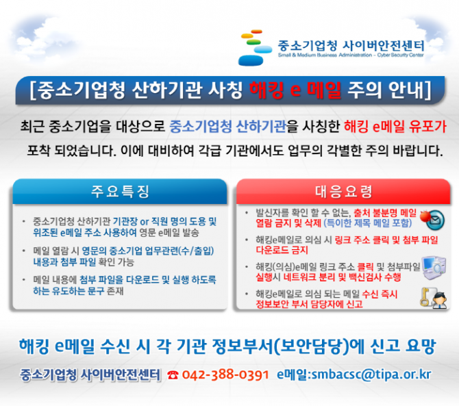 중소기업청 산하기관 사칭 해킹 e메일 주의안내