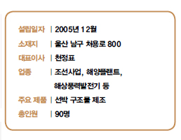 설립일자 | 2005년 12월<br />
소재지 | 울산 남구 처용로 800<br />
대표이사 | 천정표<br />
업종 | 조선사업, 해양플랜트,<br />
해상풍력발전기 등<br />
주요 제품 | 선박 구조물 제조<br />
총인원 | 90명