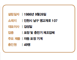 설립일자 | 1986년 9월26일 소재지 | 인천시 남구 앵고개로 107 대표이사 | 김성일 업종 | 포장 및 충전기 제조업체 주요 제품 | 자동 포장 기계 총인원 | 49명
